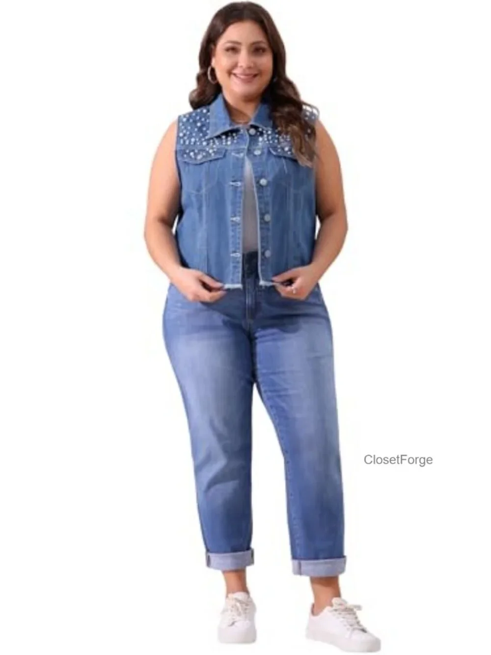 Plus Size Sleeveless Embroidered Pearl Denim Vest Jacket